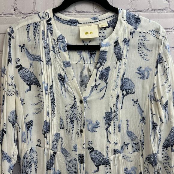 Maeve Fauna Animal Print Long Sleeve Pleated Button Front Tunic Small Wildlife - Picture 2 of 10